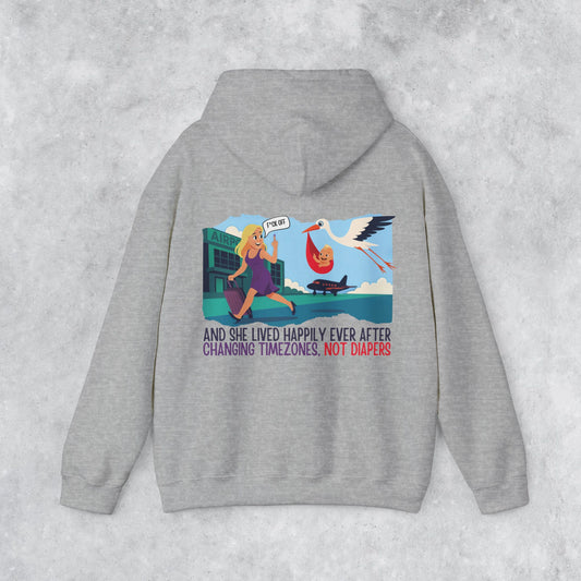 Sarcastic Childfree Travel Hoodie: And She Lived Happily Ever After Changing Timezones, Not Diapers